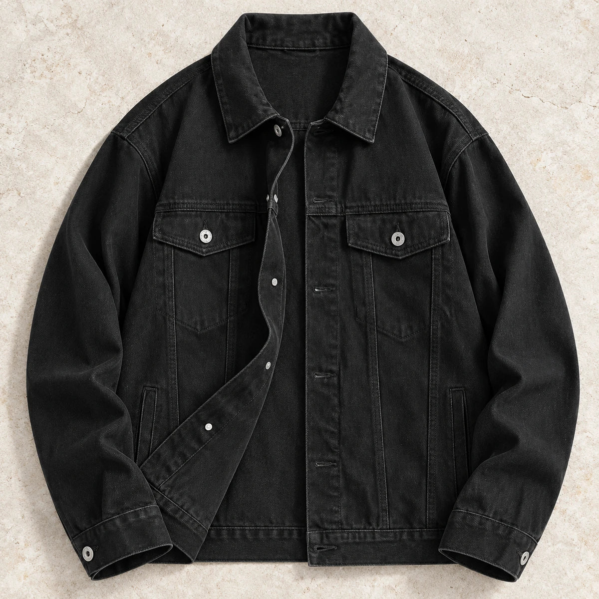 Denim Jacket | Bastien Black overhead rawstone flatlay