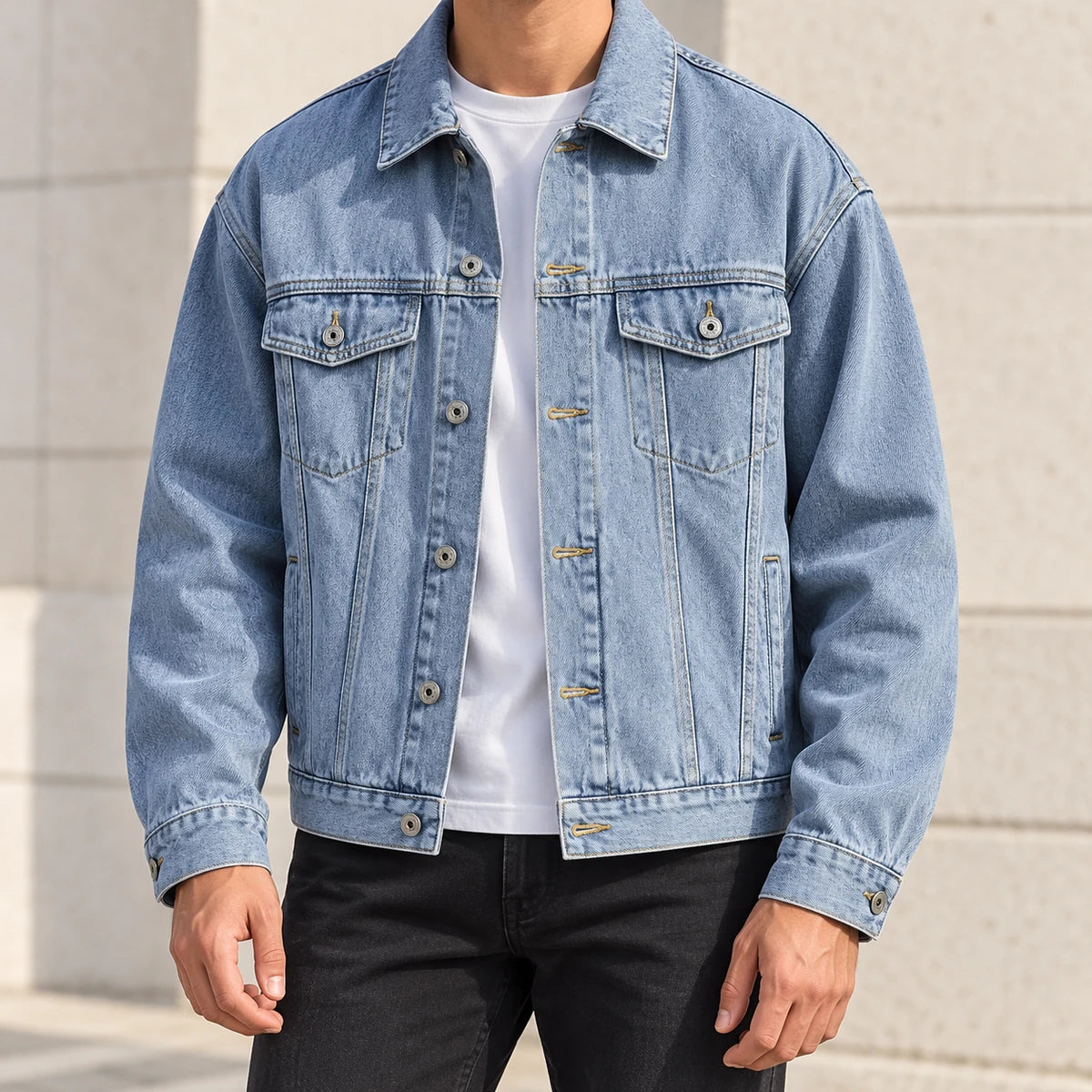 Denim Jacket | Bastien Blue model daylight lifestyle