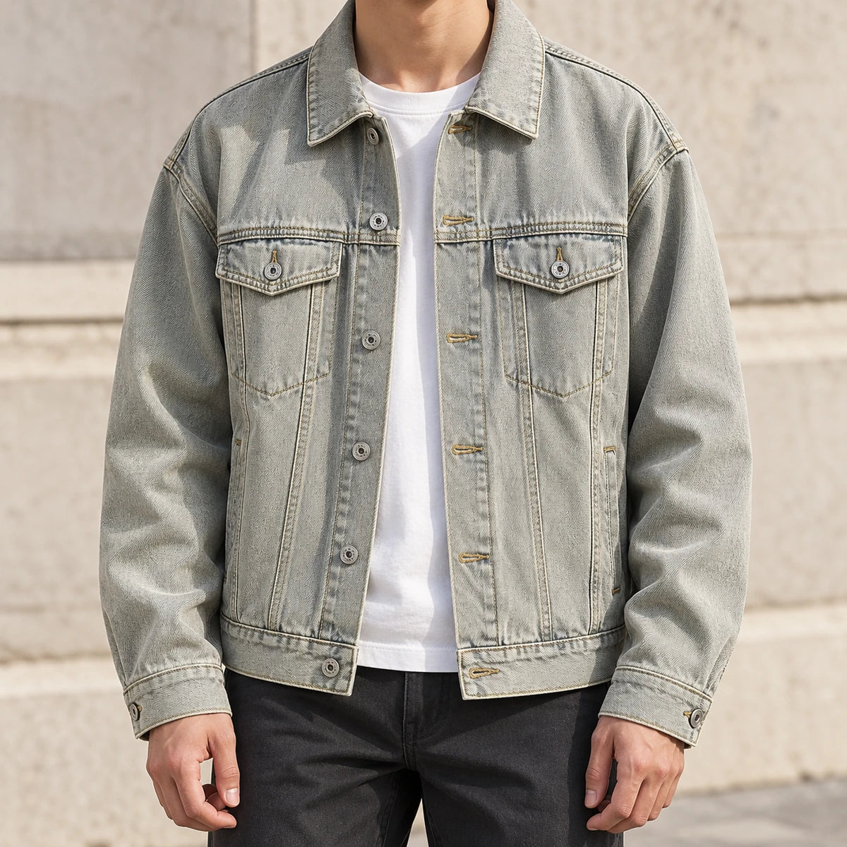 Denim Jacket | Bastien Khaki model daylight lifestyle