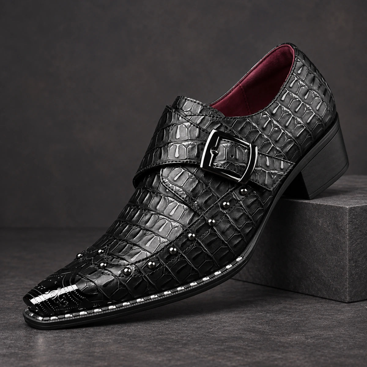 Leather Monk Shoes | Vasili Black diagonal pedestal