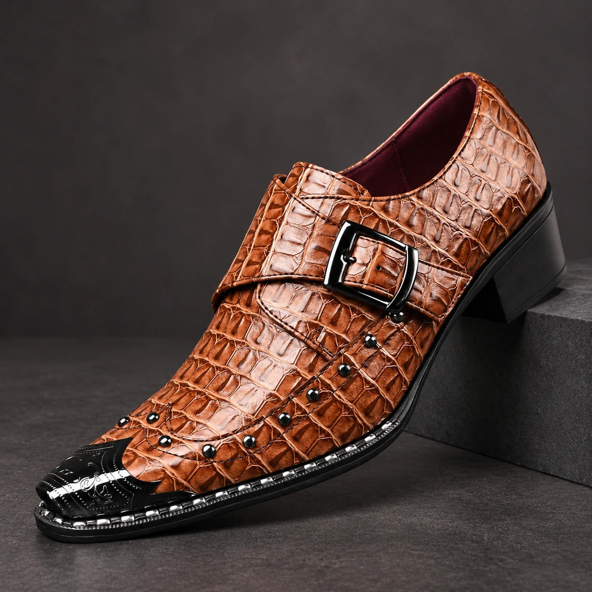 Leather Monk Shoes | Vasili Brown diagonal pedestal