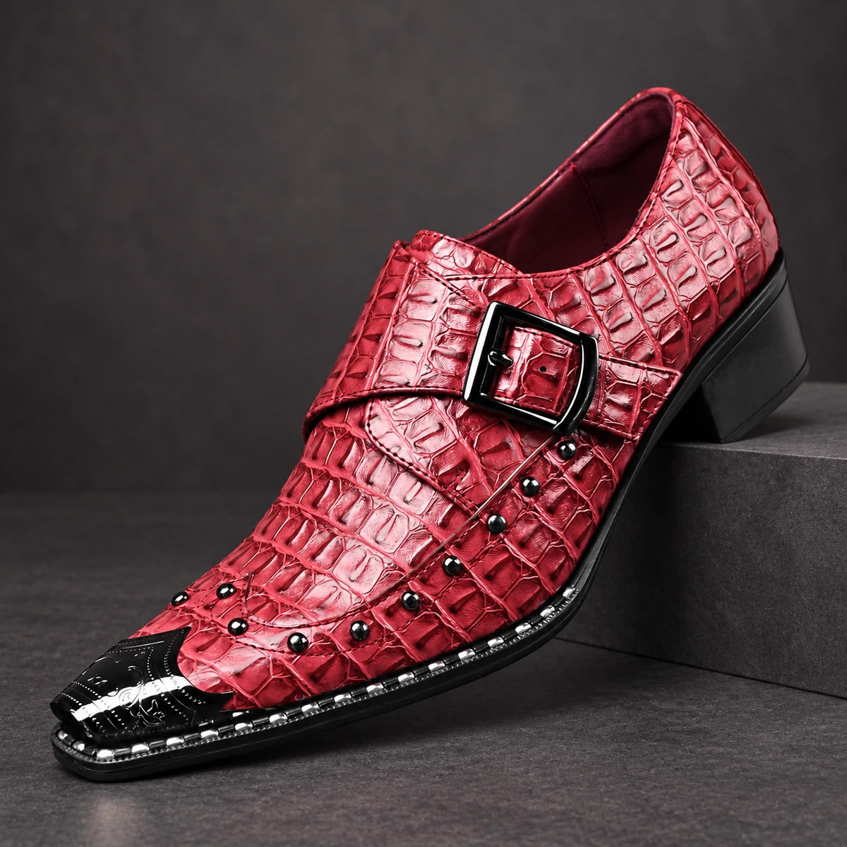 Leather Monk Shoes | Vasili Red diagonal pedestal