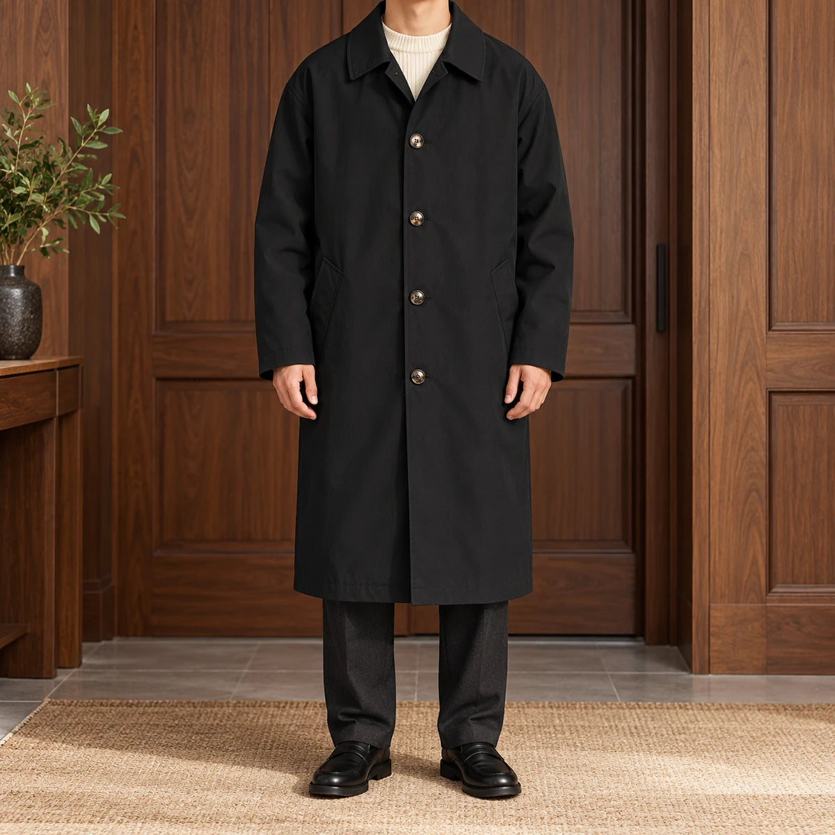 Emmeric Coat Black model walnut entry