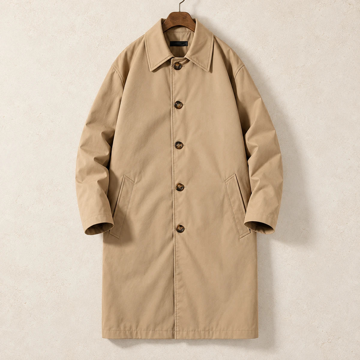 Emmeric Coat Tan hanger limestone front