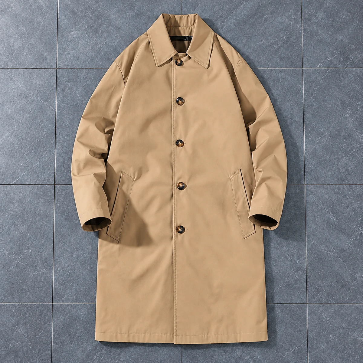 Emmeric Coat Tan overhead slate flatlay v2