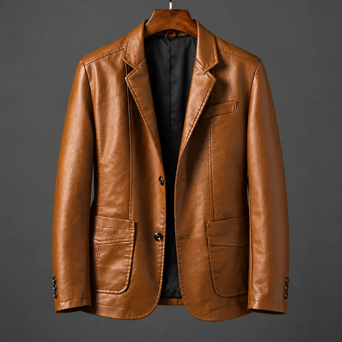 Faux Leather Blazer | Ansgar Brown hanger studio front