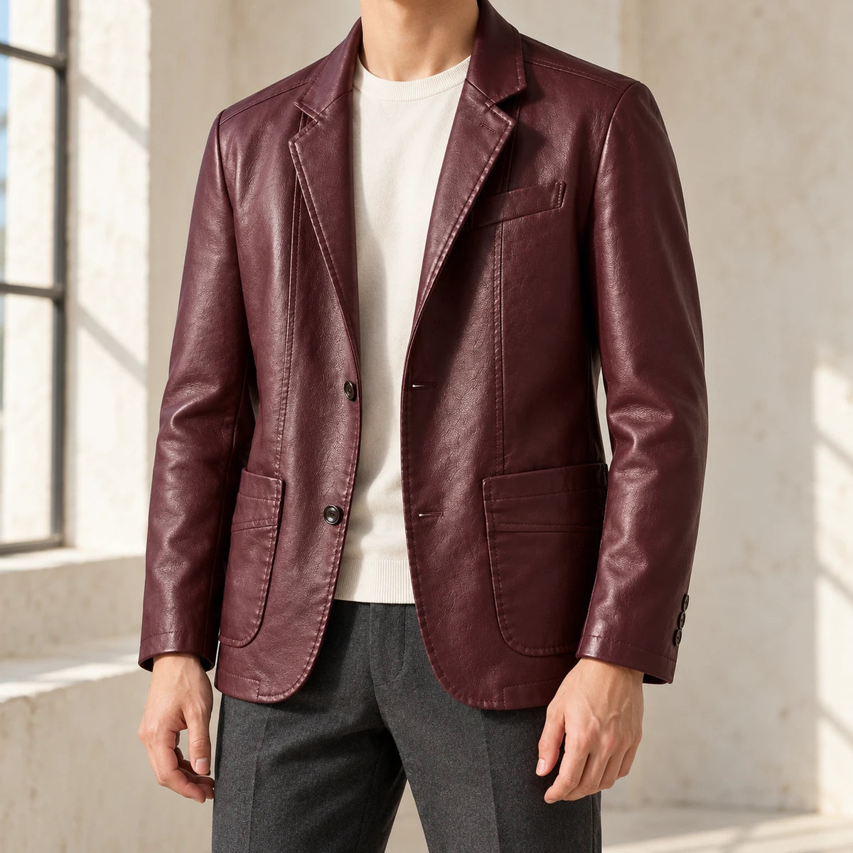Faux Leather Blazer | Ansgar Red model atelier front