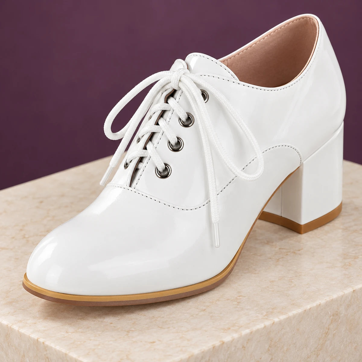 Faux Leather Heels | Brigitte White diagonal pedestal