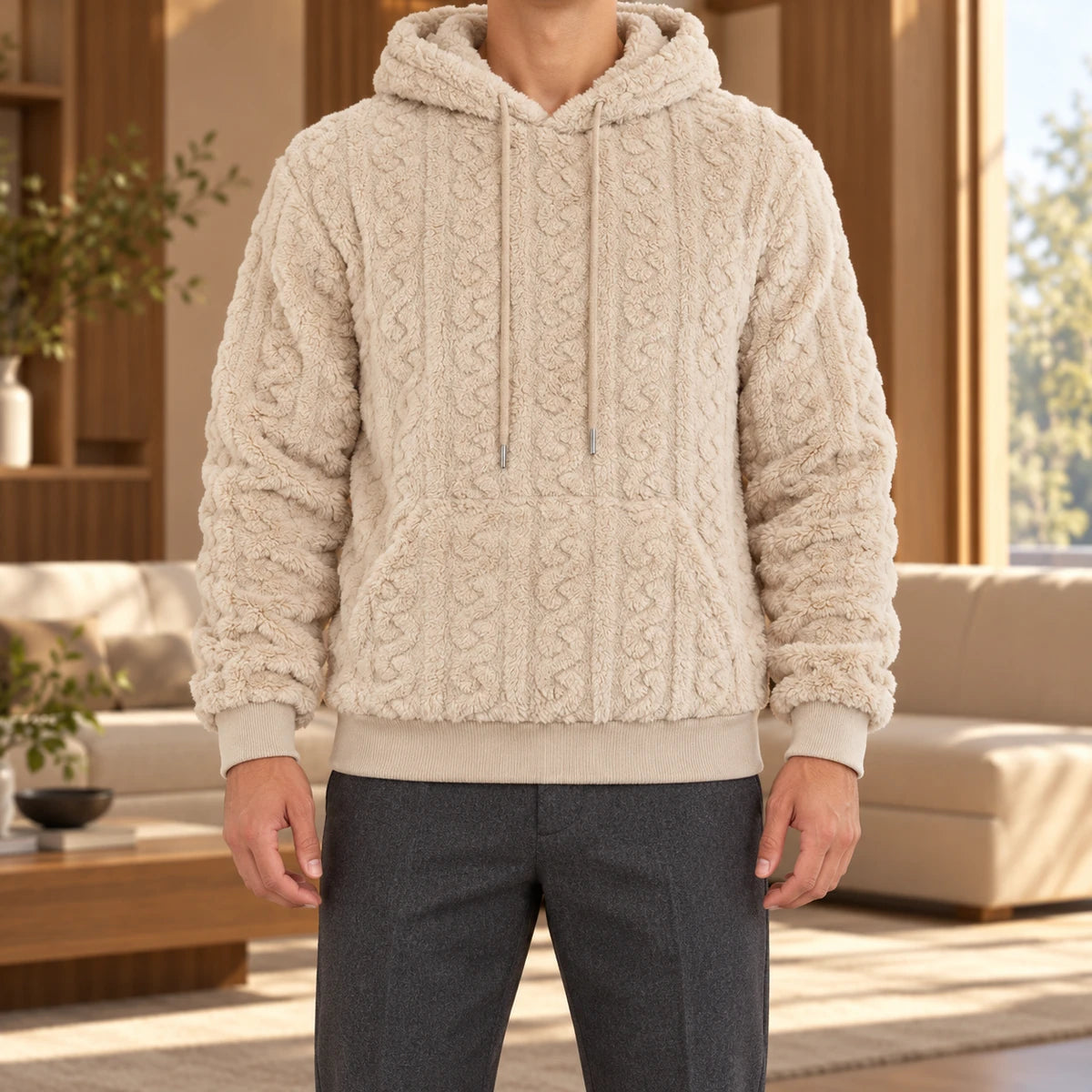 Fleece Hoodie | Evren Beige model walnut interior