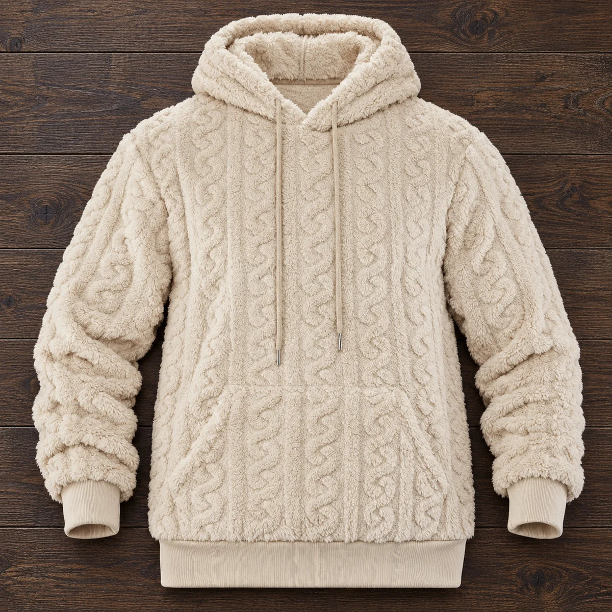 Fleece Hoodie | Evren Beige overhead oak flatlay