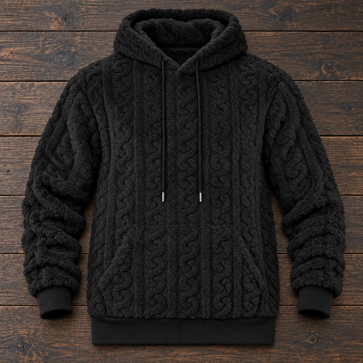 Fleece Hoodie | Evren Black overhead oak flatlay