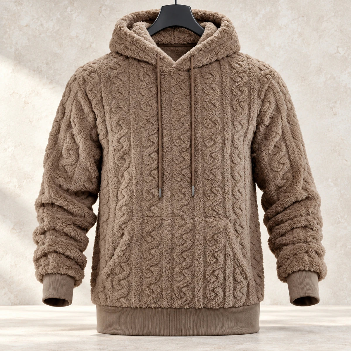 Fleece Hoodie | Evren Brown hanger stone front