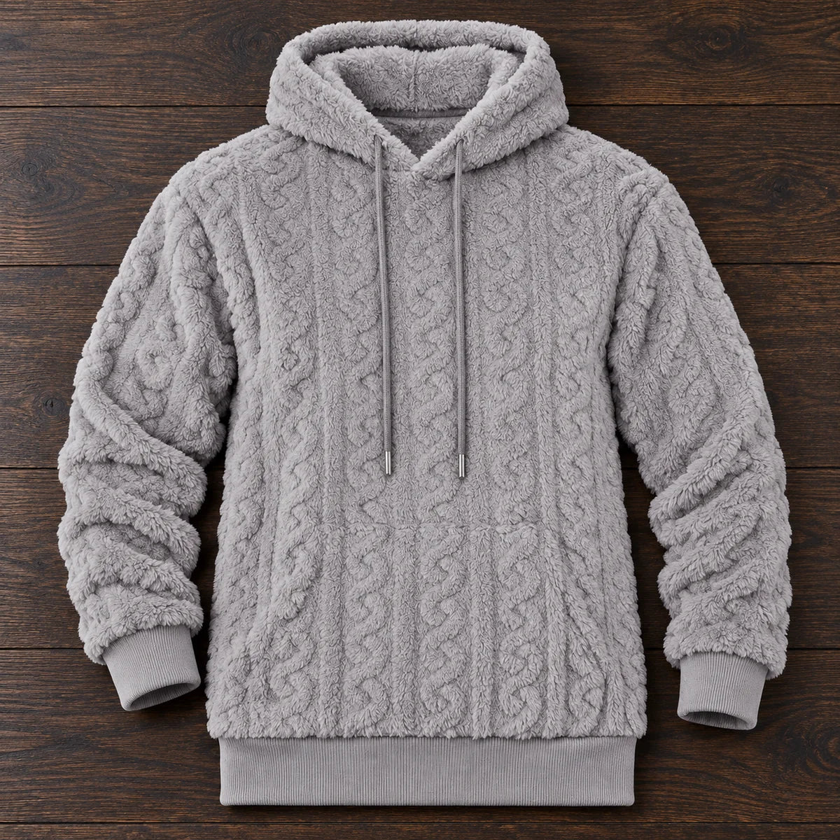 Fleece Hoodie | Evren Gray overhead oak flatlay