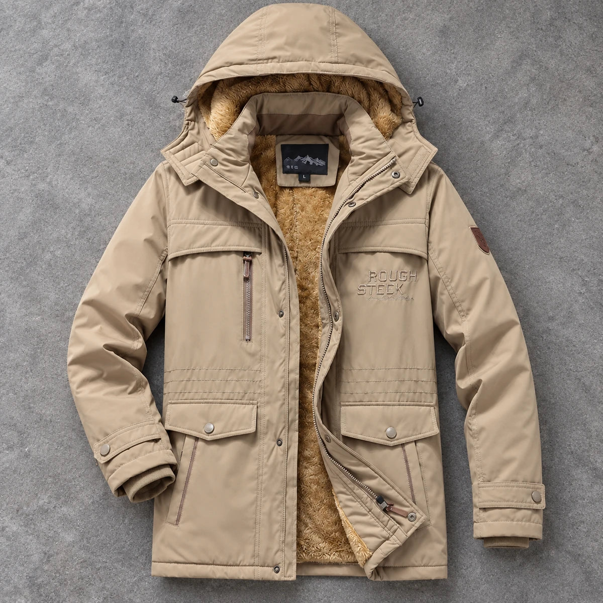 Fleece Parka | Colin Beige true overhead open flat lay showing fleece lining on gray stone