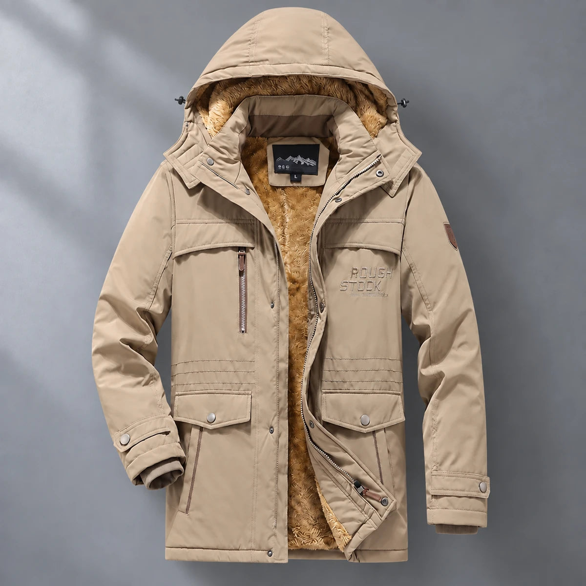 Fleece Parka | Colin Beige front hanging garment against cool gray studio wall