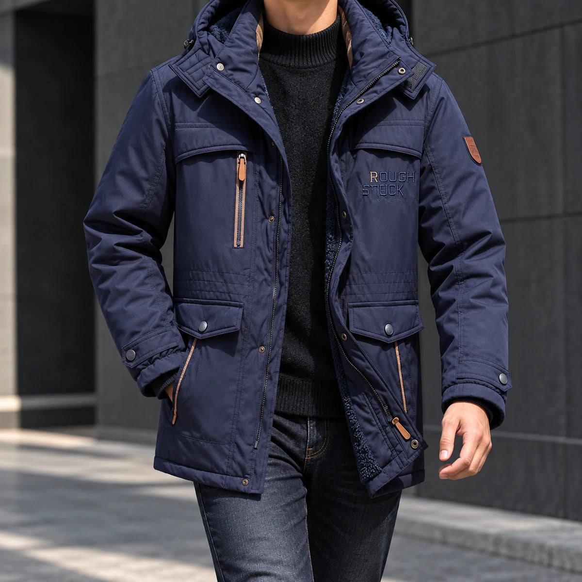 Fleece Parka | Colin Blue neck-down wearer walking beside dark concrete architecture