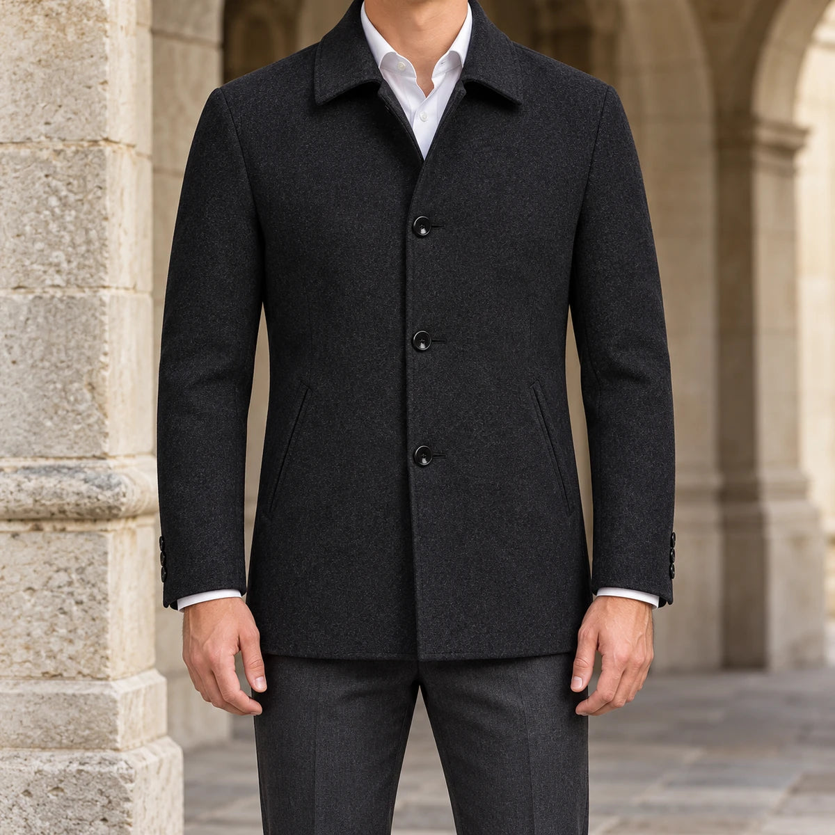 Gaspard Coat Black model stone archway