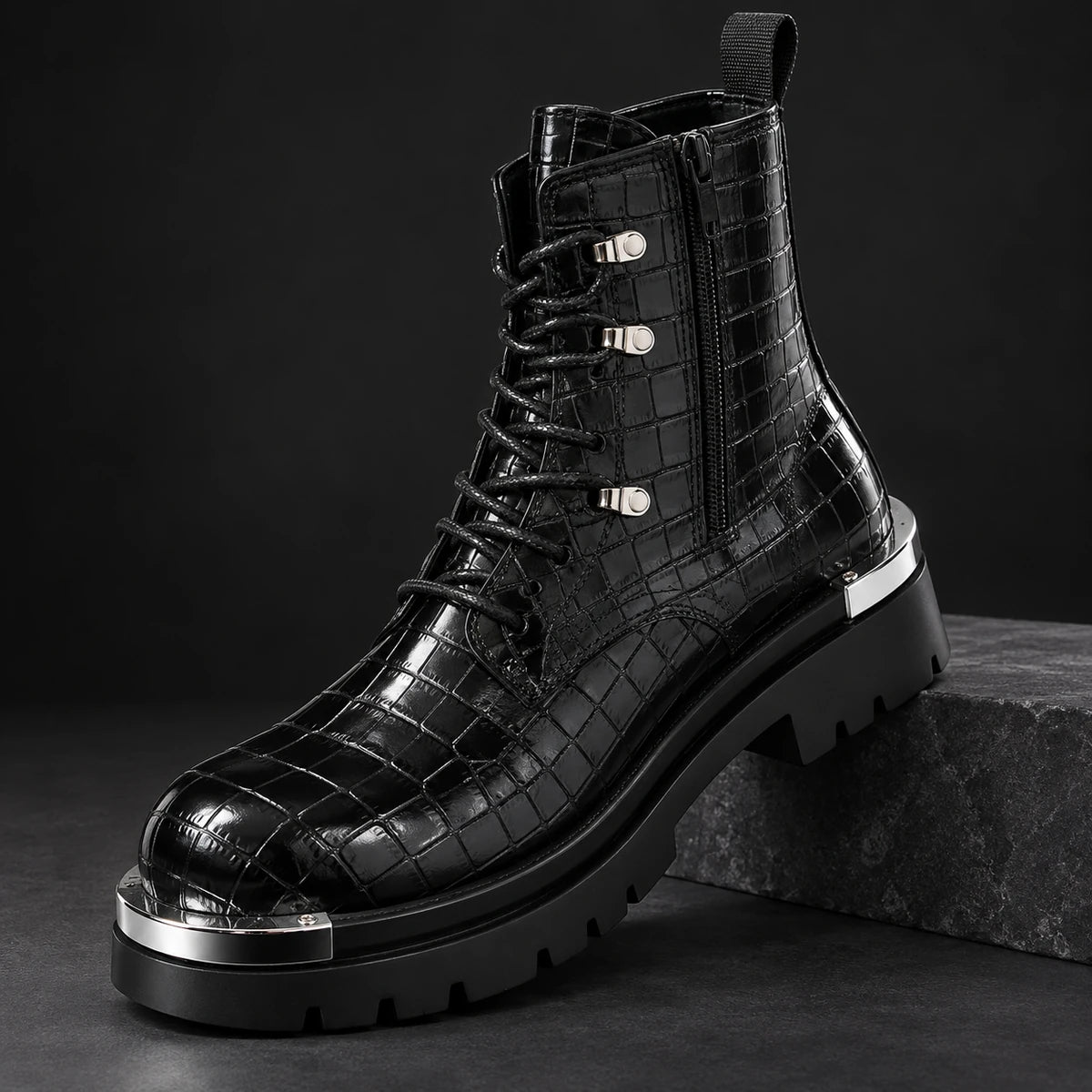 Genuine Leather Boots | Auberon Black diagonal pedestal