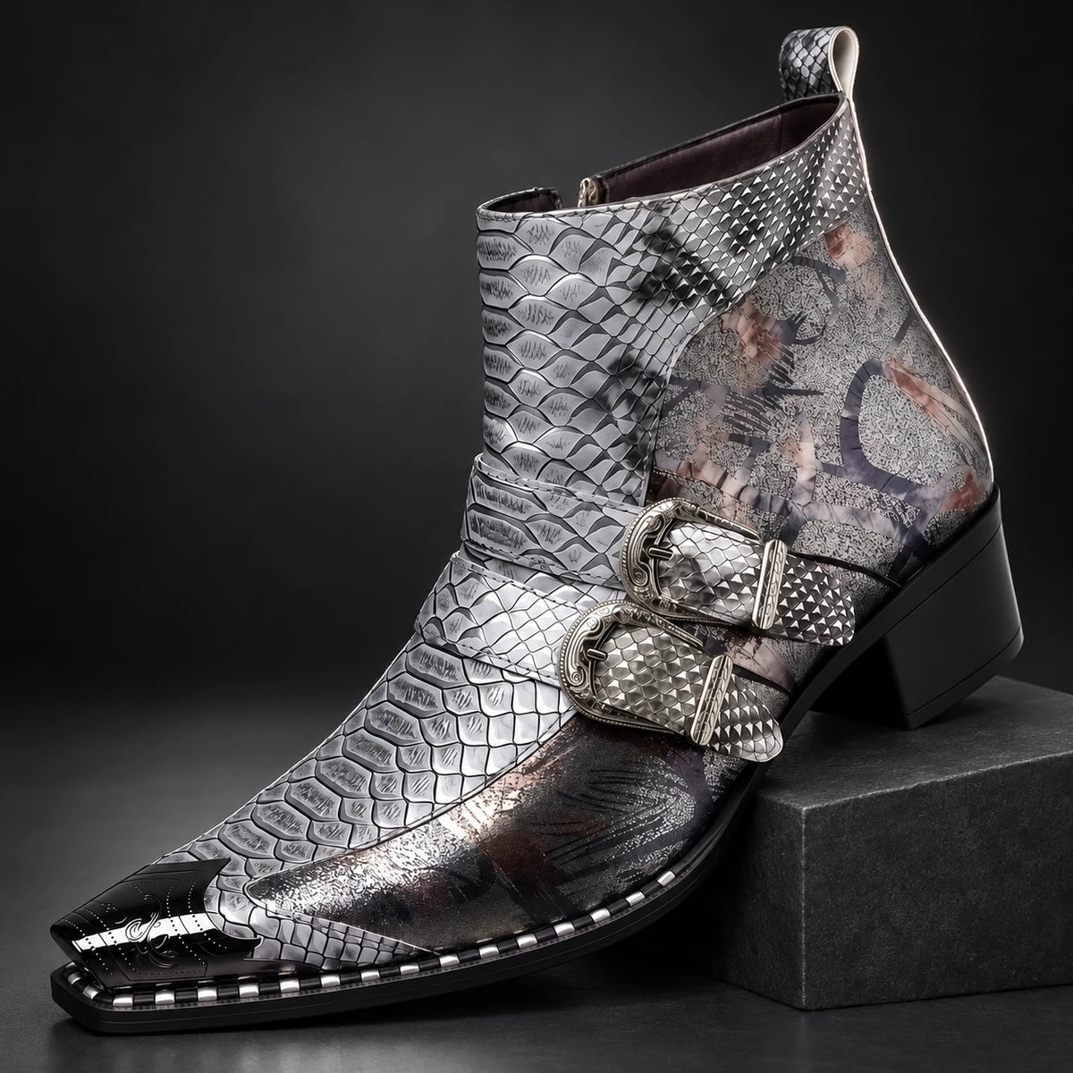 Genuine Leather Boots | Bellamy Silver diagonal pedestal