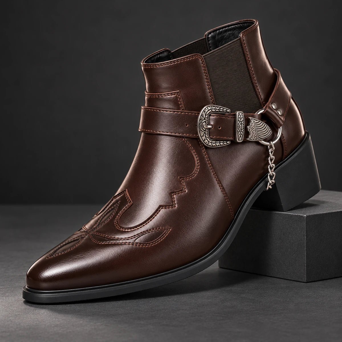 Genuine Leather Boots | Dashiell Dark Brown diagonal pedestal