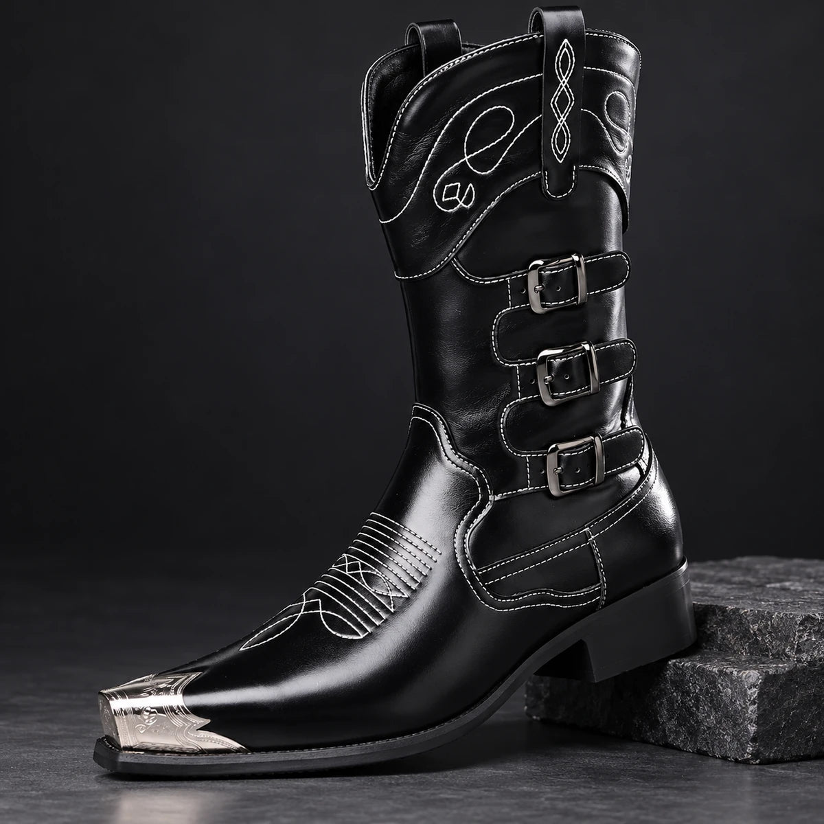 Genuine Leather Boots | Gareth Black diagonal pedestal