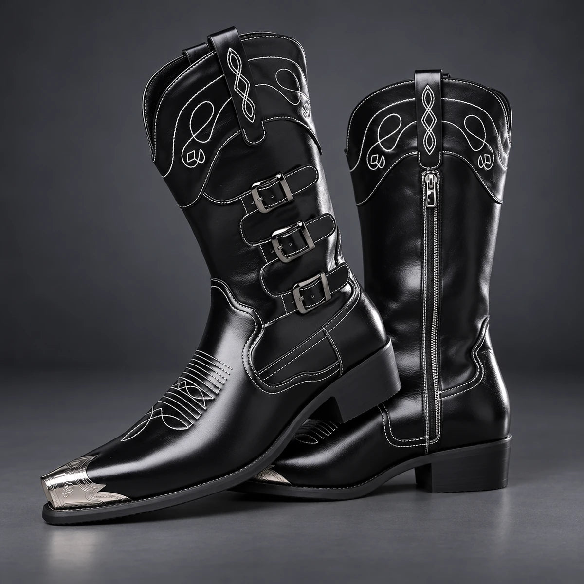 Genuine Leather Boots | Gareth Black stacked pair