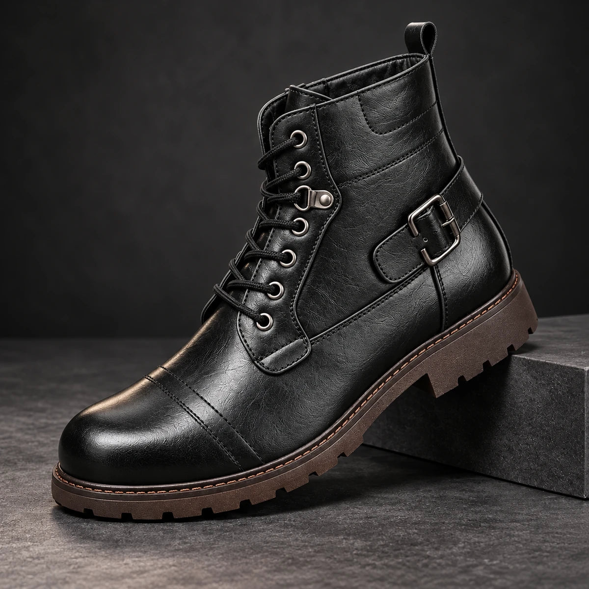Genuine Leather Boots | Godfrey Black diagonal pedestal