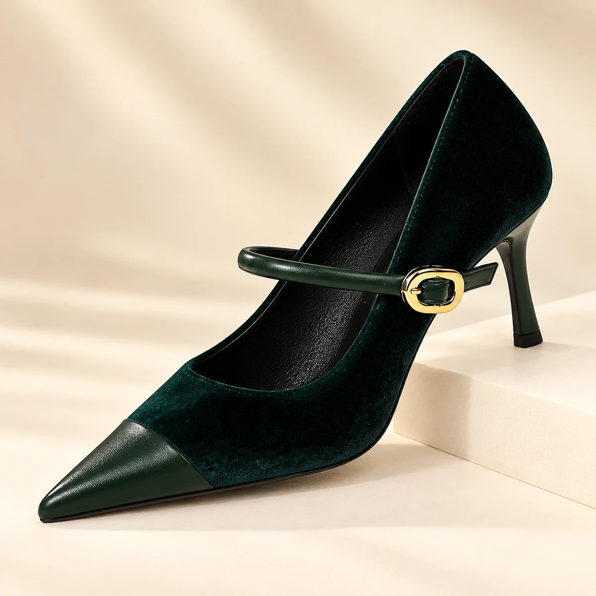 Genuine Leather Heels | Evadne | Green 7 cm | pedestal