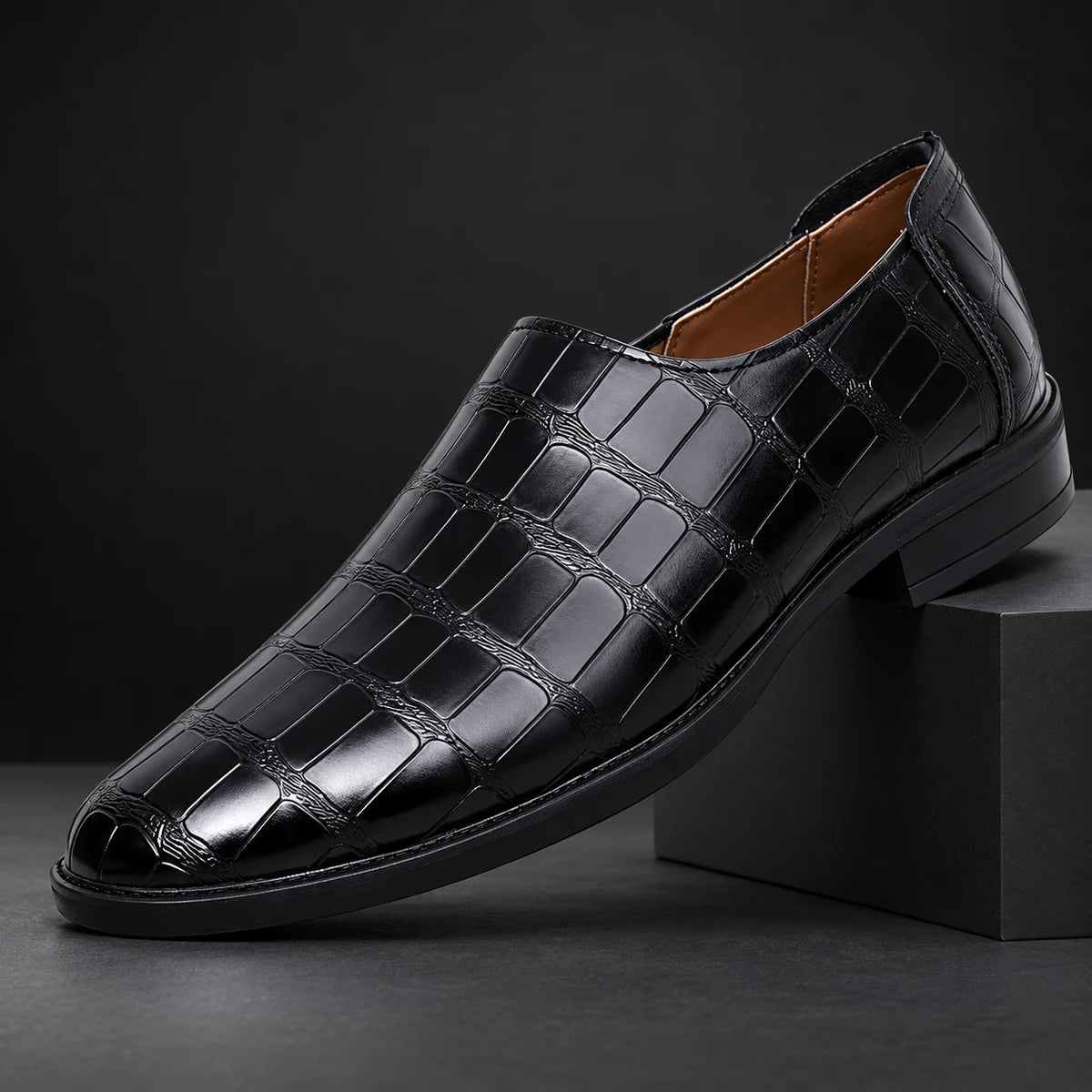 Genuine Leather Loafers | Ansel Black diagonal pedestal