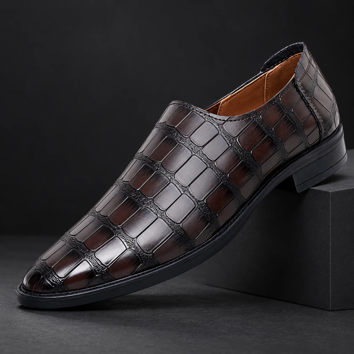 Genuine Leather Loafers | Ansel Dark Brown diagonal pedestal