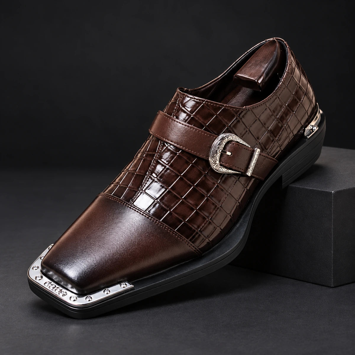 Genuine Leather Shoes | Magnus Brown diagonal pedestal view