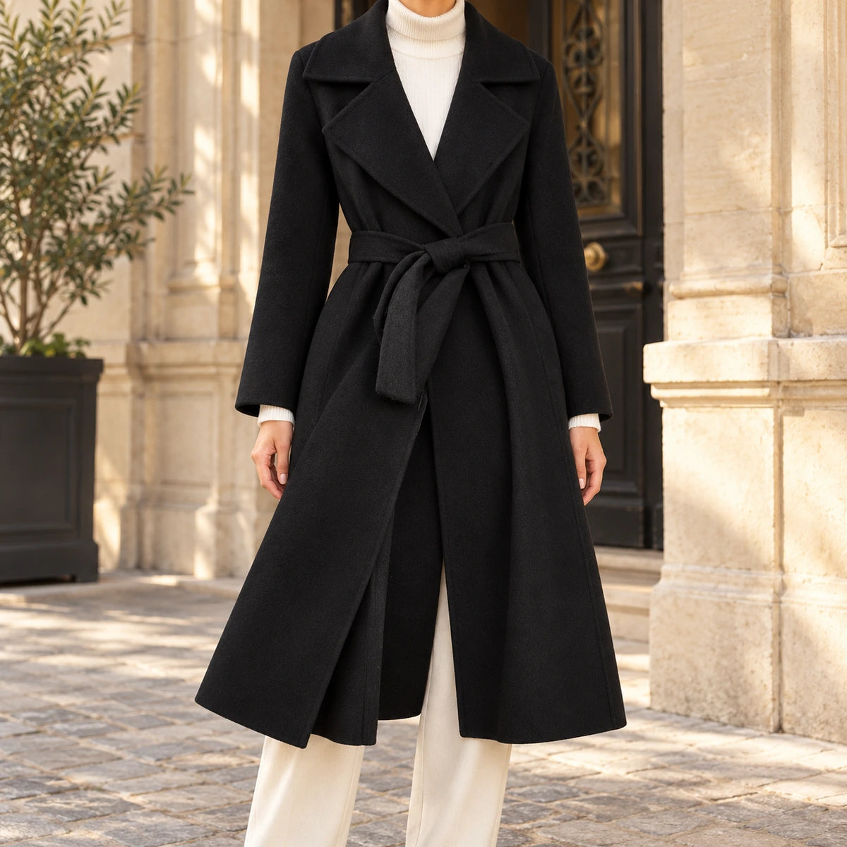 Genuine Wool Coat | Elodie in Black neck down lifestyle view
