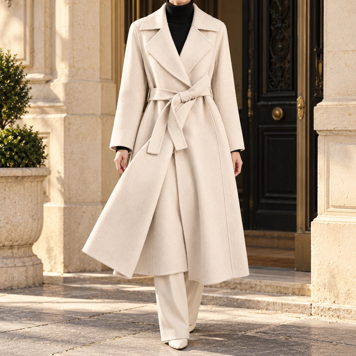 Genuine Wool Coat | Elodie in Cream neck down lifestyle view