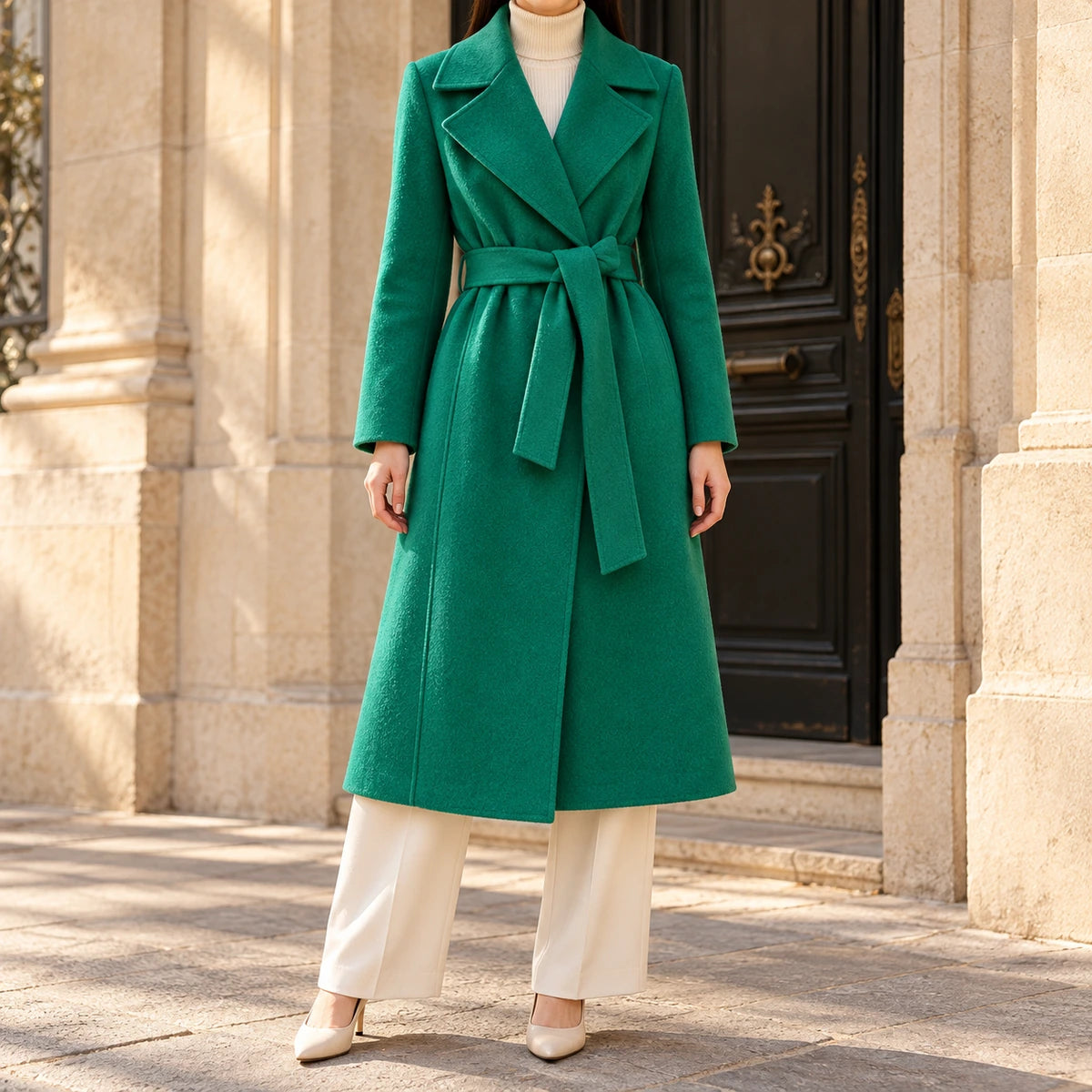 Genuine Wool Coat | Elodie in Green neck down lifestyle view