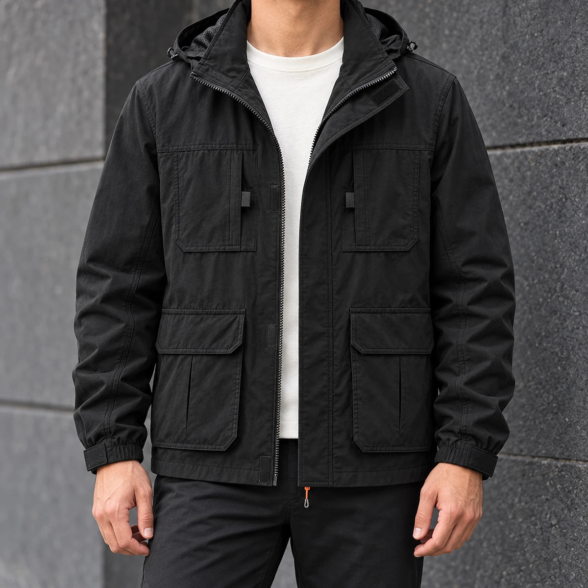 Joss Hooded Jacket Black model worn