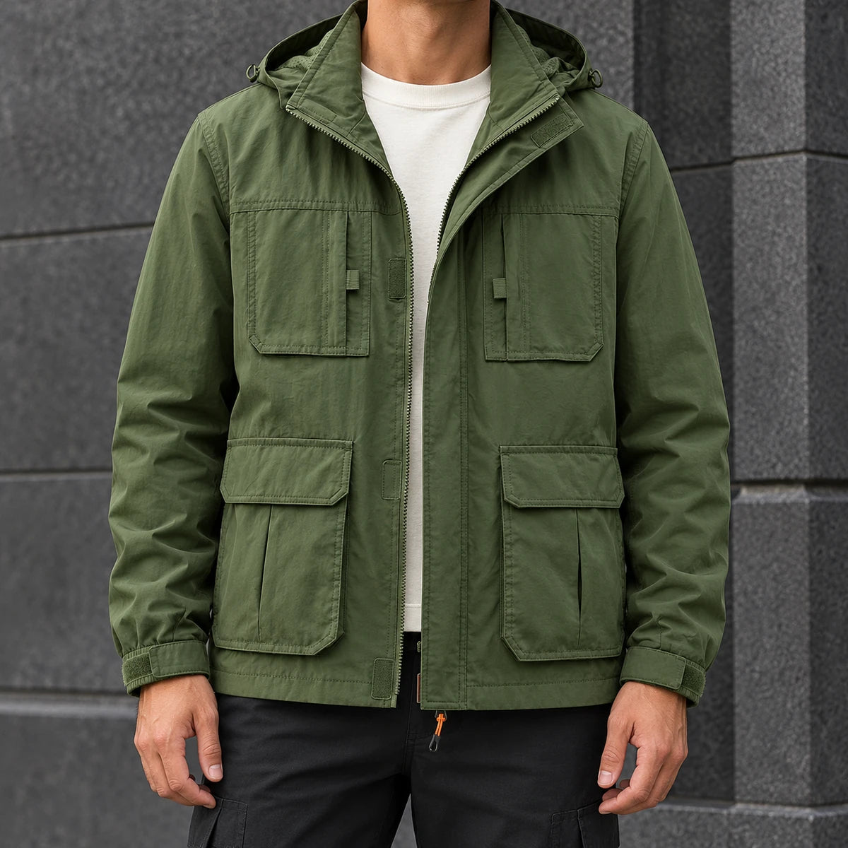 Joss Hooded Jacket Green model worn