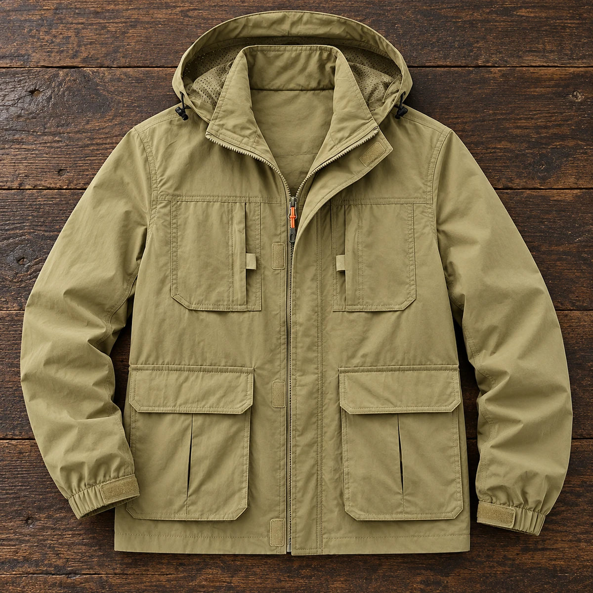 Joss Hooded Jacket Khaki overhead flatlay