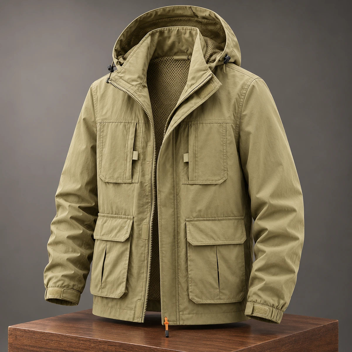 Joss Hooded Jacket Khaki sculpted front