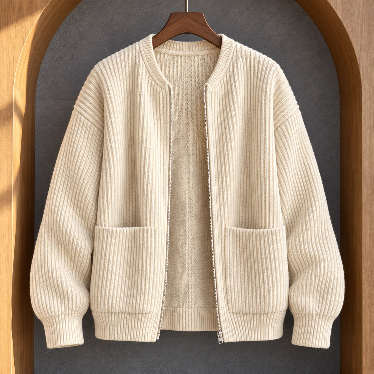 Knit Cardigan | Bjarne Beige hanger woodalcove front