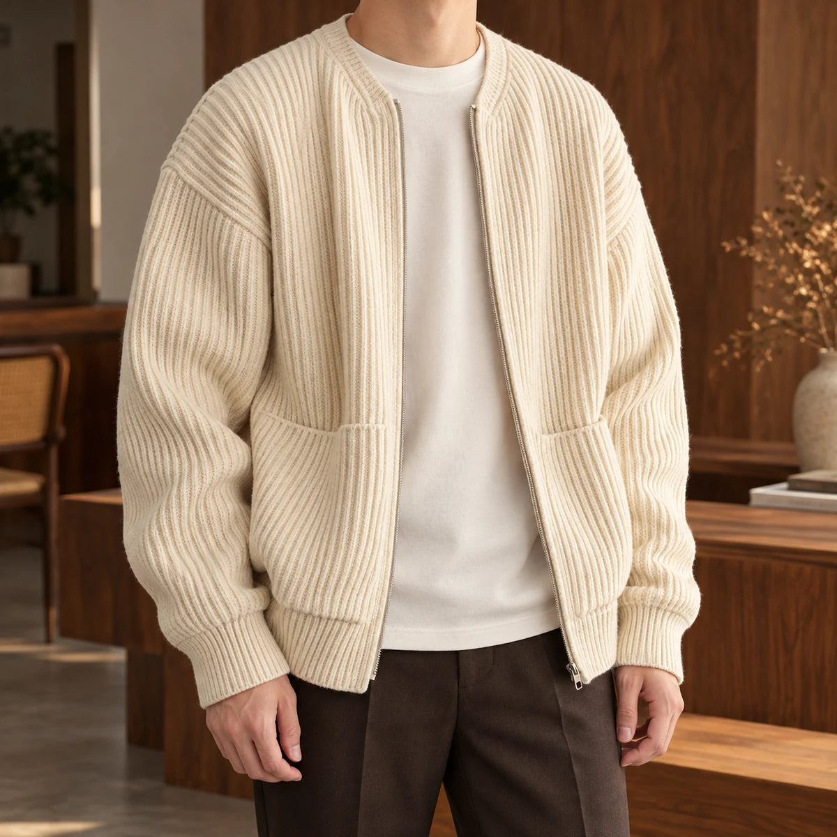 Knit Cardigan | Bjarne Beige model woodinterior lifestyle