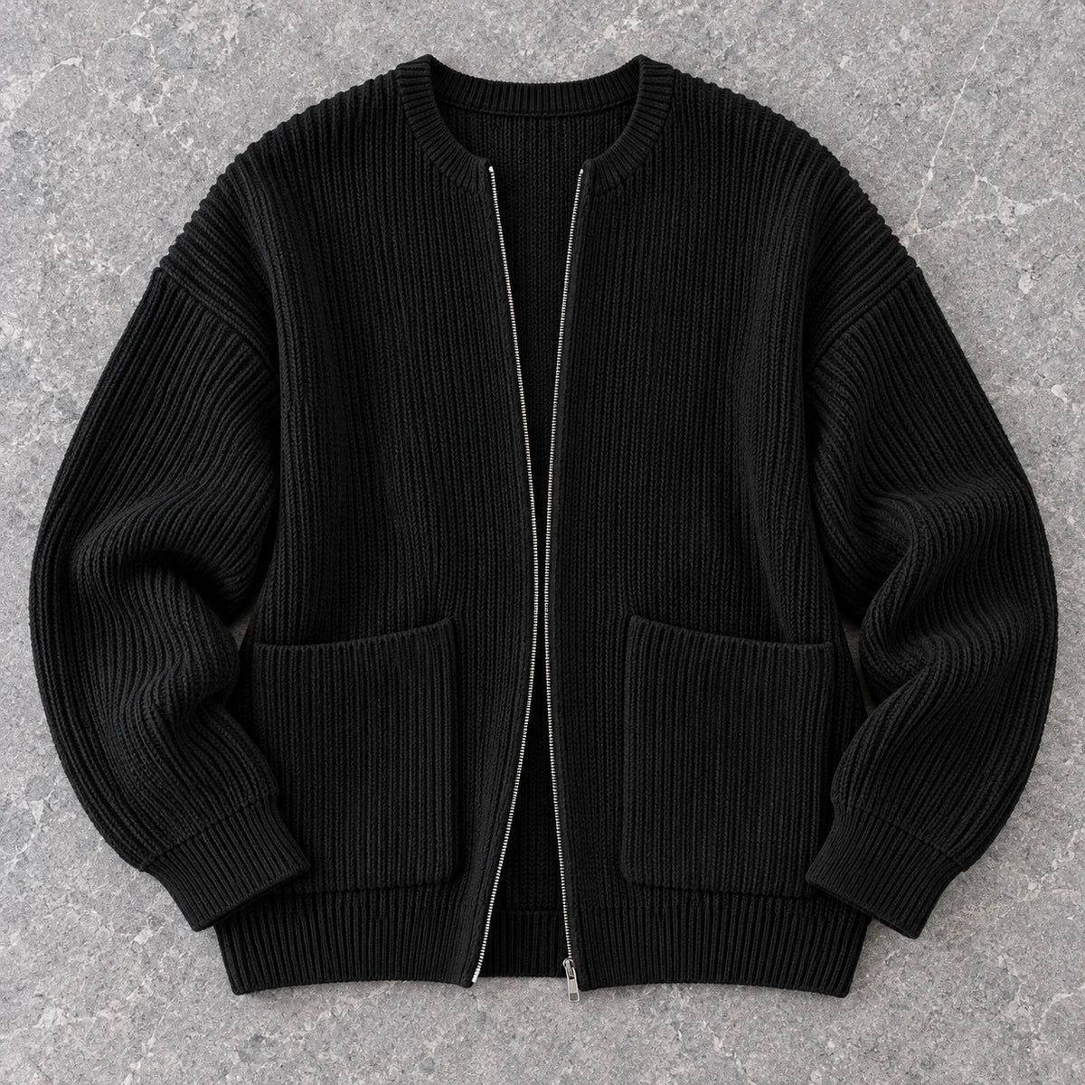 Knit Cardigan | Bjarne Black overhead stone flatlay