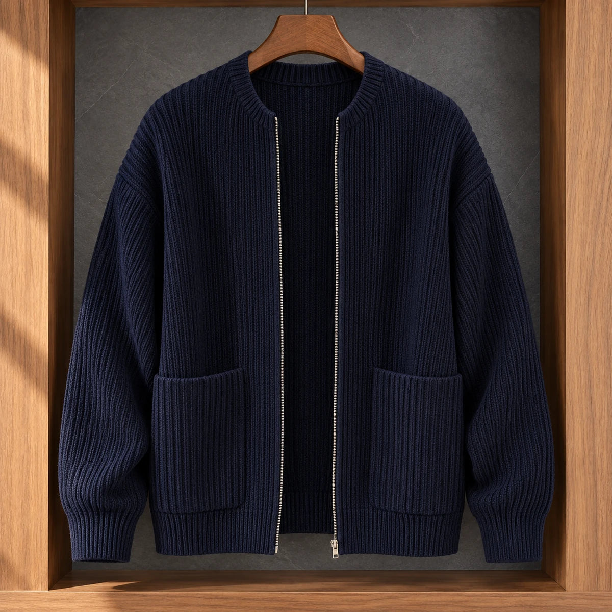 Knit Cardigan | Bjarne Blue hanger woodalcove front