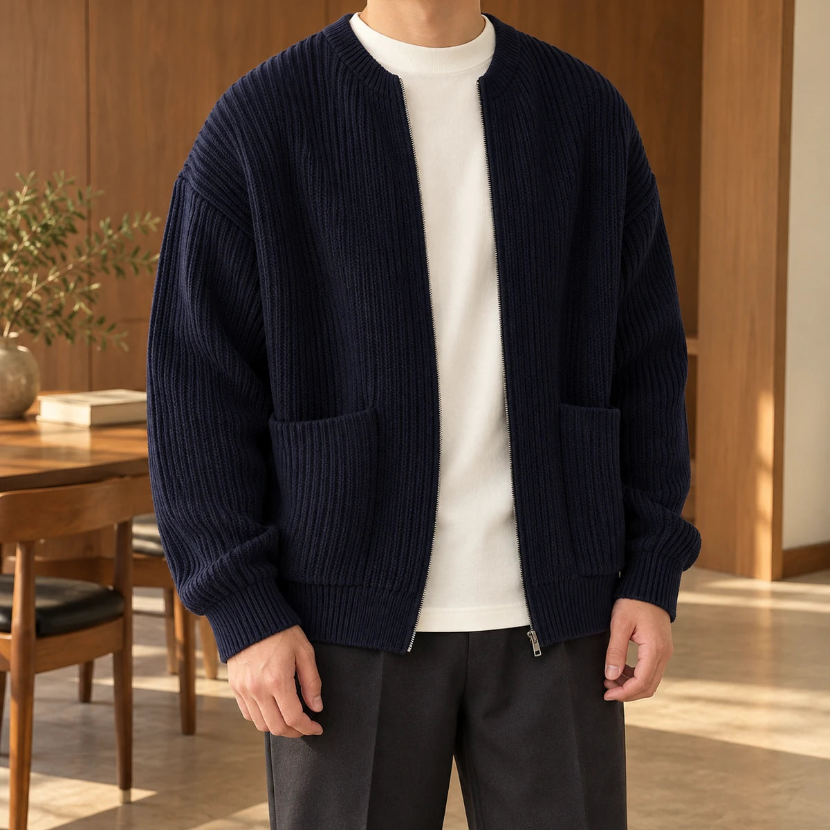 Knit Cardigan | Bjarne Blue model woodinterior lifestyle