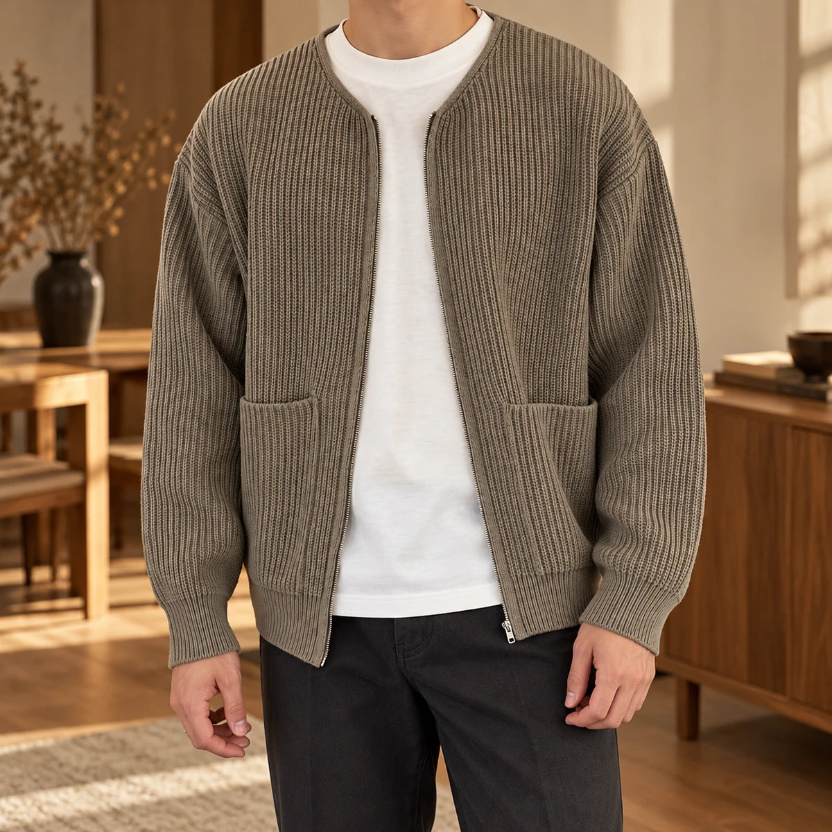 Knit Cardigan | Bjarne Brown model woodinterior lifestyle