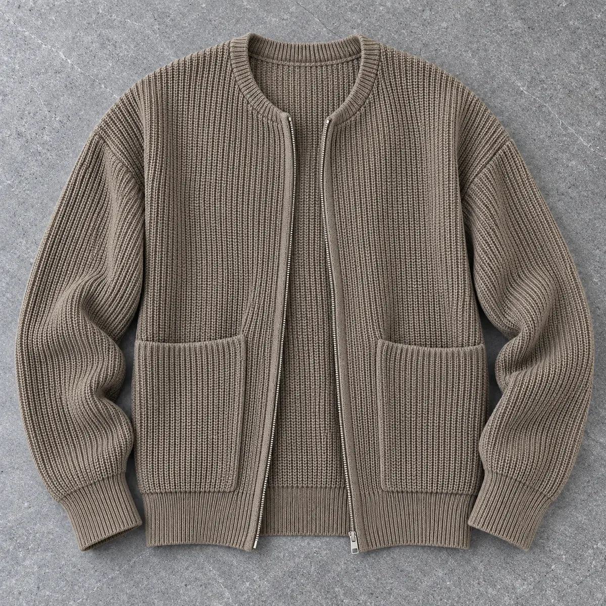 Knit Cardigan | Bjarne Brown overhead stone flatlay