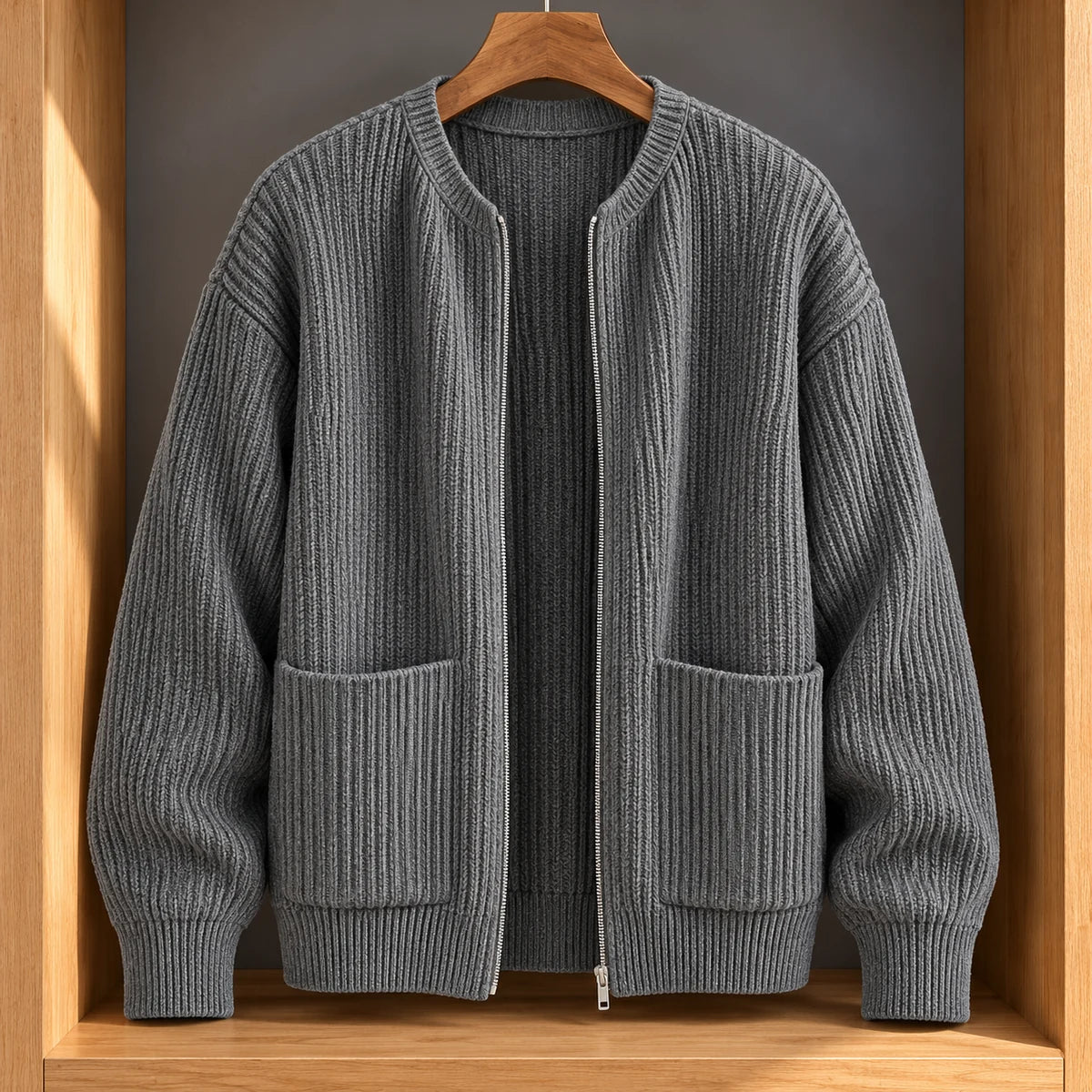 Knit Cardigan | Bjarne Gray hanger woodalcove front