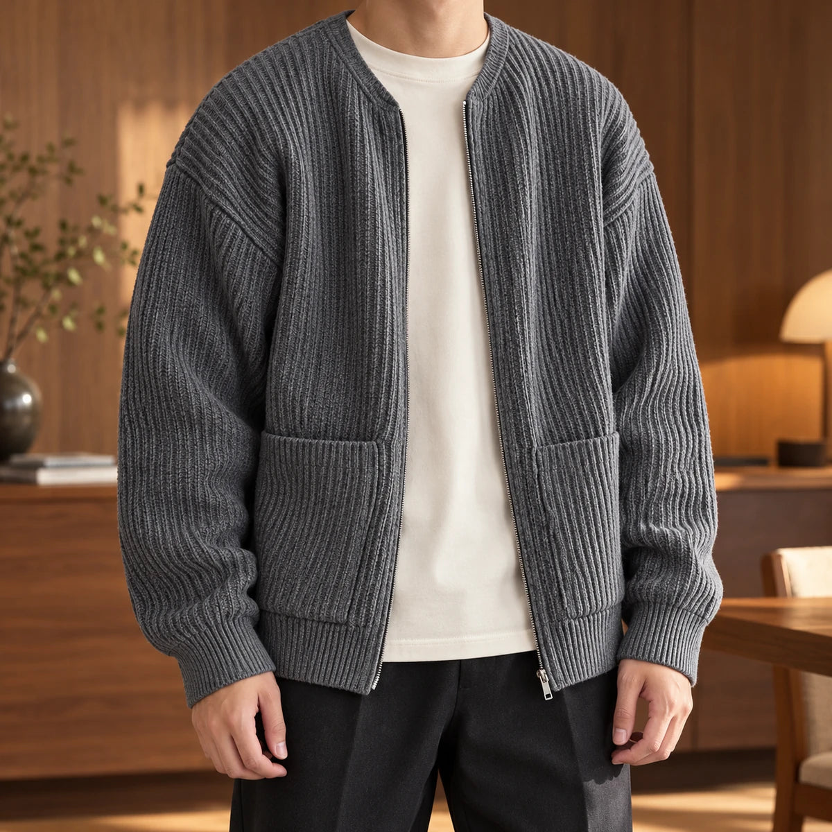 Knit Cardigan | Bjarne Gray model woodinterior lifestyle