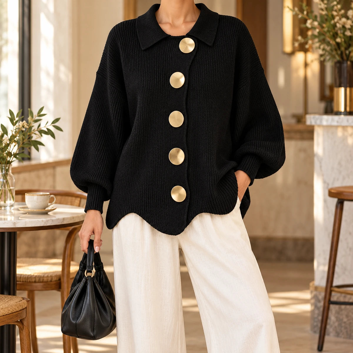 Knit Cardigan | Evangeline Black model