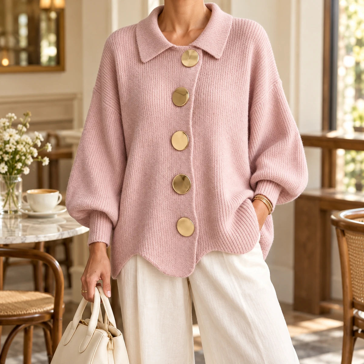 Knit Cardigan | Evangeline Pink model