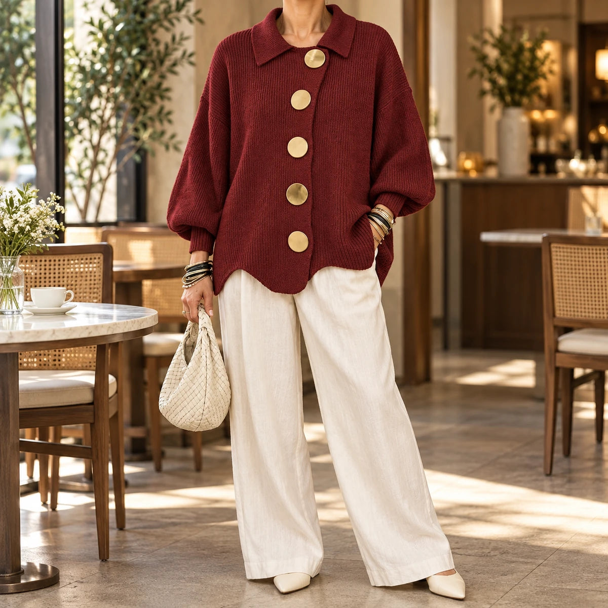 Knit Cardigan | Evangeline Red model